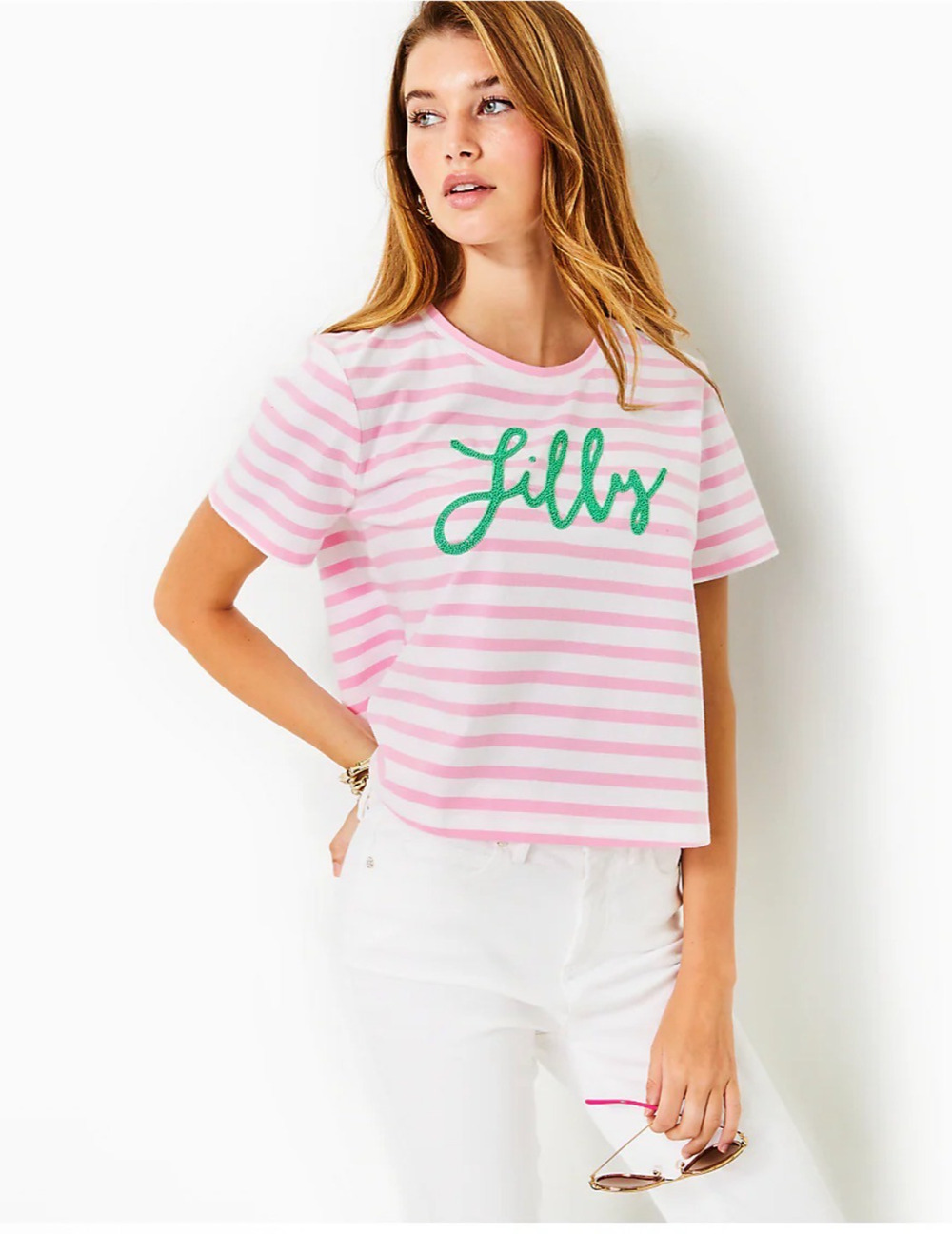 NWT Lilly Pulitzer Keenan Knit Top Size S Conch Shell Pink Striped Crop Tee Chic